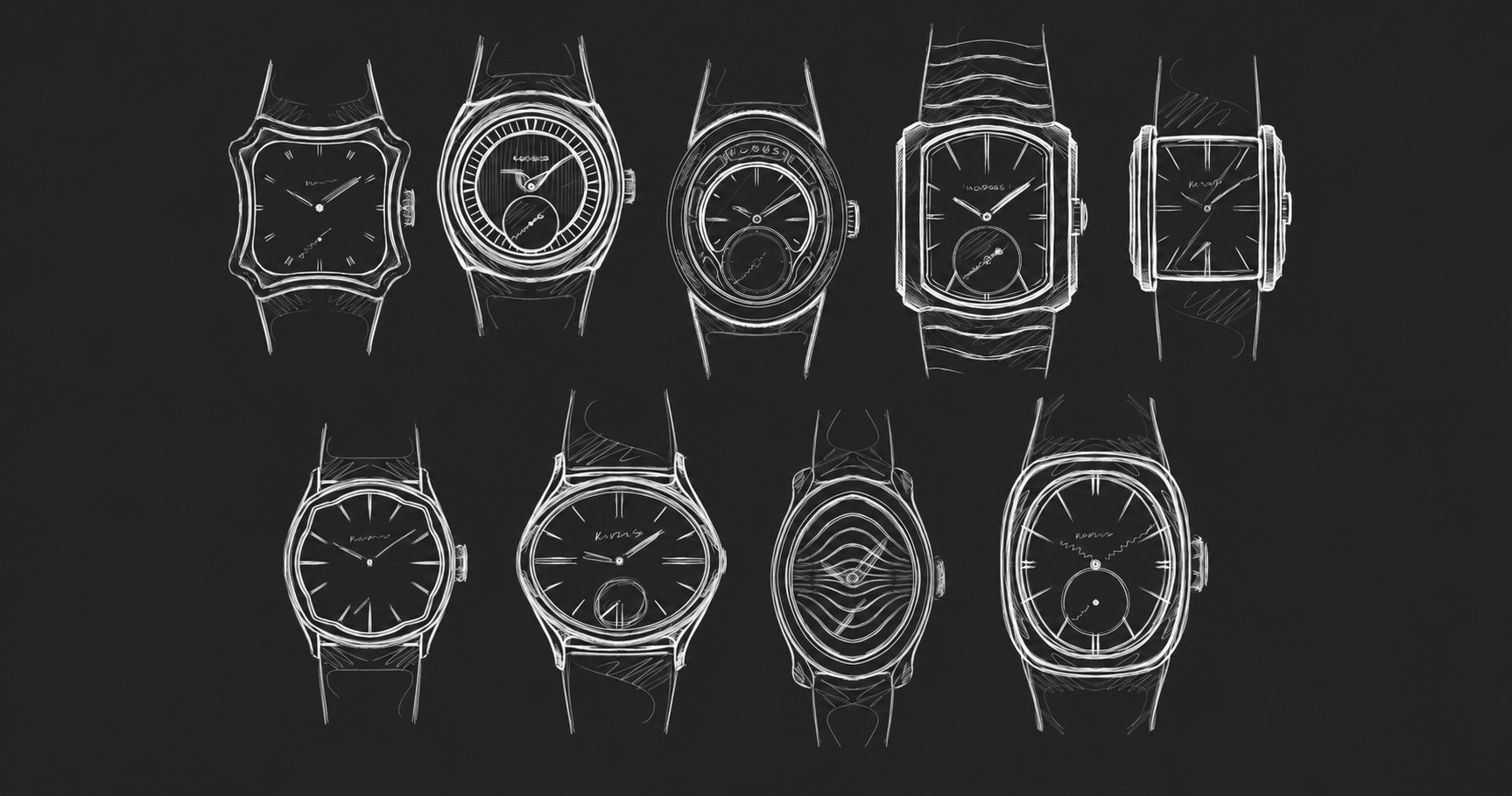 Sketch sheet of Kobus watch case and dial concepts