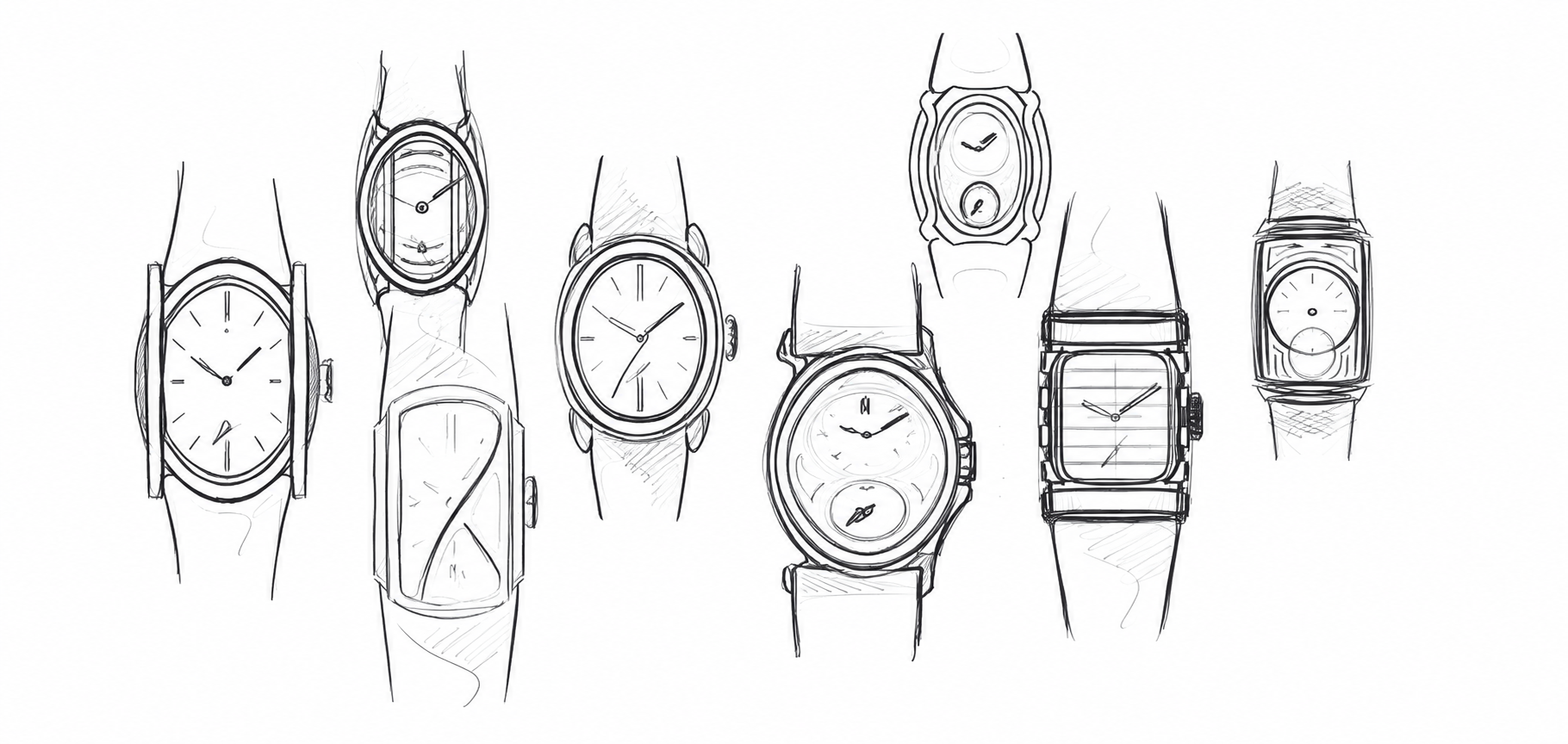 Early concept sketches of the Kobus watch case, exploring proportion and dial layout