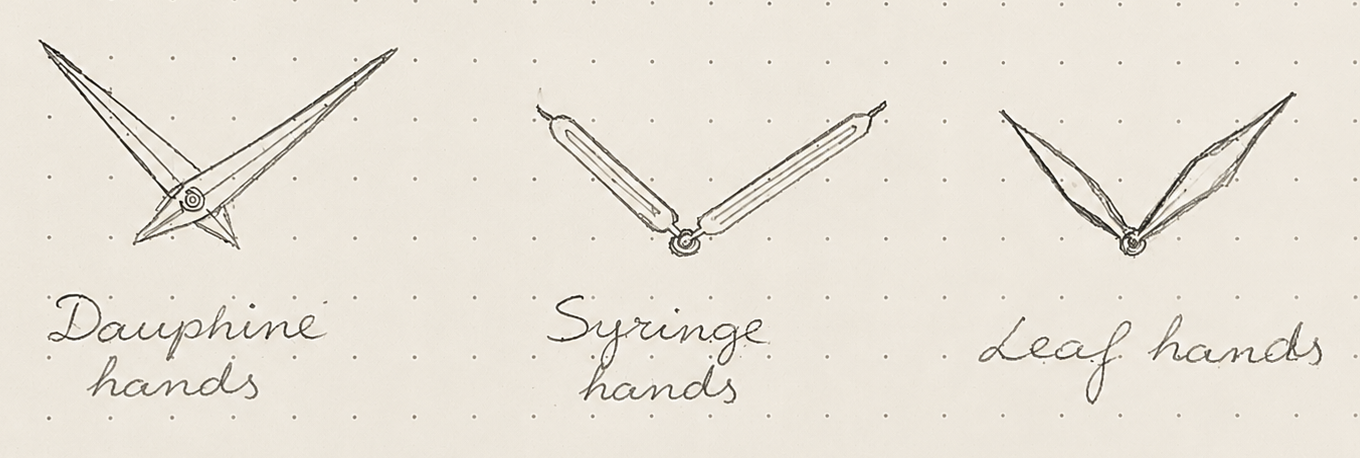 Pencil sketches of three watch hand styles — dauphine, syringe and leaf — in the Kobus design notebook