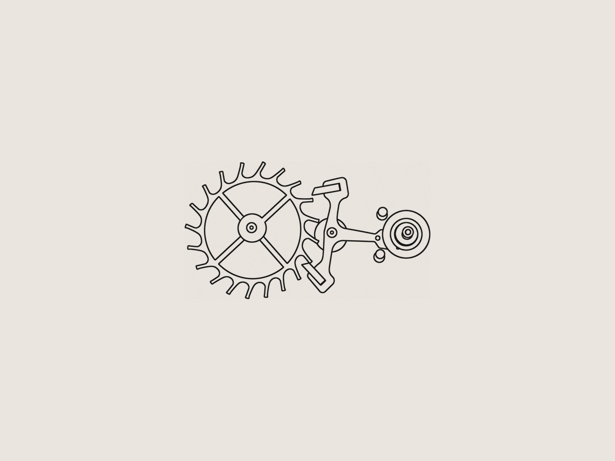 Line drawing of an escapement — escape wheel, pallet fork and balance